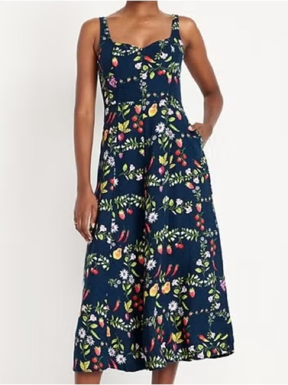 NWT Navy Fit & Flare Sleeveless Linen-Blend Mixed Fruit Midi Dress - Size Small